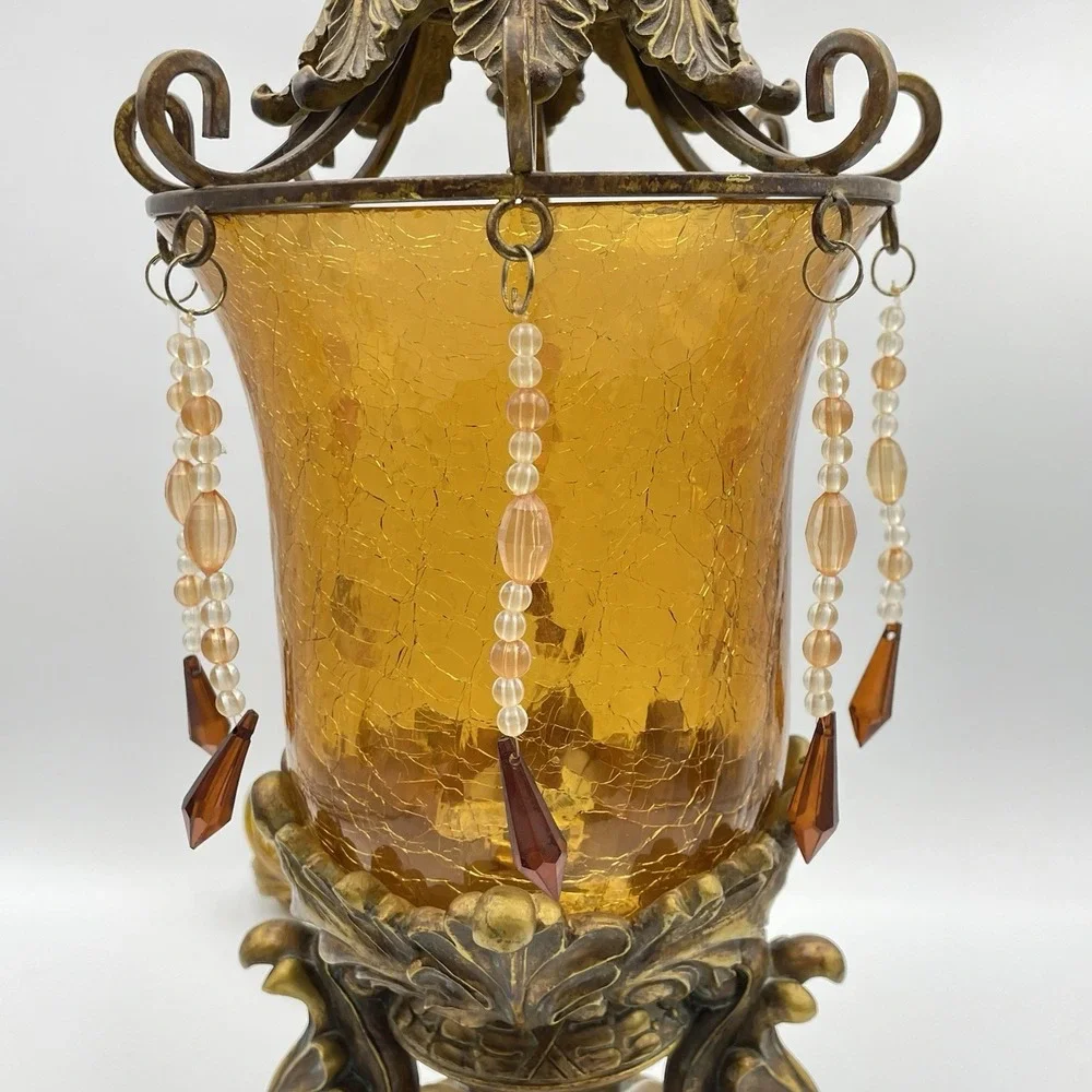 Vintage Bombay Company Bronze Amber Crackle Glass Beaded Table Lamp Tested/Works